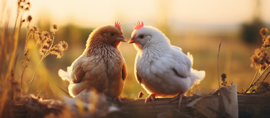 a pair of chickens are kissing - obrazy, fototapety, plakaty