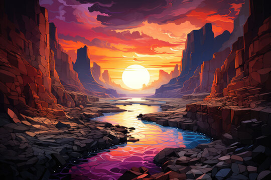 sunset in the mountains,sunset over the river, A canyon in a purple and dark sky