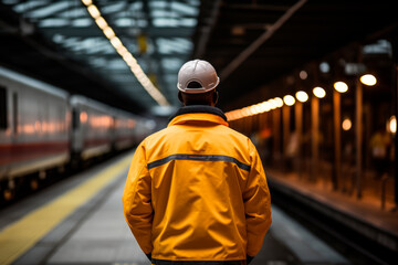 Back view of industrial engineer standing at train station. Transportation and logistics.