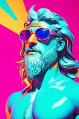 Greek god zeus wearing a colorful sunglasses on party colored background from Generative AI
