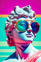 Retro vintage neon stripes background with marble head statue of an ancient Greek god apollo with colorful sunglasses from Generative AI