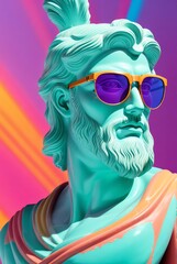 Retro vintage neon stripes background with marble head statue of an ancient Greek god zeus with colorful sunglasses from Generative AI