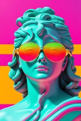 Retro vintage neon stripes background with marble head statue of medusa with colorful sunglasses from Generative AI