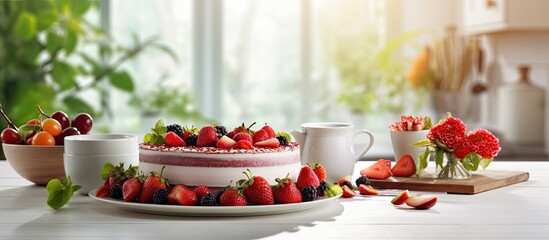 In the background of a sunny summer morning a white table adorned with a healthy breakfast spread was decorated with a vibrant red fruit cake leafy greens and a steaming cup of coffee creati - Powered by Adobe