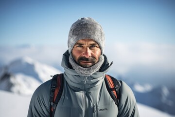 Fototapeta na wymiar Portrait of a glad man in his 40s wearing a protective neck gaiter against a pristine snowy mountain. AI Generation