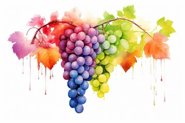 Bunches of white, red, blue grapes and vine leaves isolated on white background. Watercolor food illustration. Vineyard farm - obrazy, fototapety, plakaty