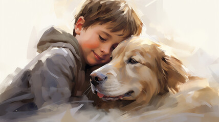 Small children holding his dog, beautiful water color style.