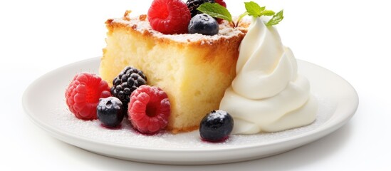 In Europe against a white isolated background a delectable gourmet milk cake takes center stage its shape and intricate dessert design enticing for breakfast or a sweet snack throughout the