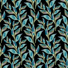 Seamless pattern of watercolor green blue leaves. Hand drawn illustration. Botanical hand painted floral elements on dark background.