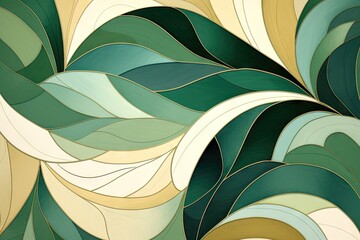 Green leaves background. Luxury beige and green abstract pattern, summer or spring nature ornament. Modern green mosaic. Art deco style. Elegant luxury wallpaper or banner