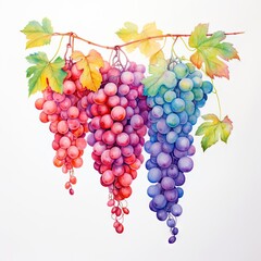 Bunches of white, red, blue grapes and vine leaves isolated on white background. Watercolor food illustration. Vineyard farm