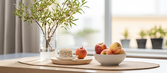 In the background of the kitchen a plate of healthy breakfast is laid out a white bowl filled with fruits including apple slices provides a natural burst of nutrition and energy for the day  - obrazy, fototapety, plakaty