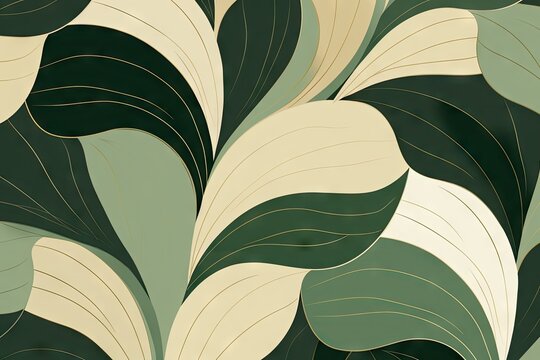 Fototapeta Green leaves background. Luxury beige and green abstract pattern, summer or spring nature ornament. Modern green mosaic. Art deco style. Elegant luxury wallpaper or banner