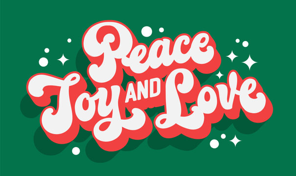 Peace, Joy and Love, festive modern script lettering template for Christmas occasions. Red and green colored, isolated vector typography design element. Phrase for any Winter Holidays purposes
