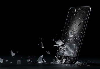 A shattered Cellular Phone - falling - broken - crushed - explosion - damaged - generic model - shards of broken screen