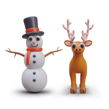 Snowman Christmas character and orange deer on white background. Toys for new year. Decorations on Xmas and winter holidays. Vector illustration in 3d style