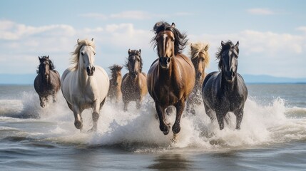 A herd of wild horses galloping across a beach, manes flowing in the sea breeze.
