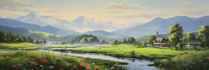 Illustration depicting peaceful rural landscape.