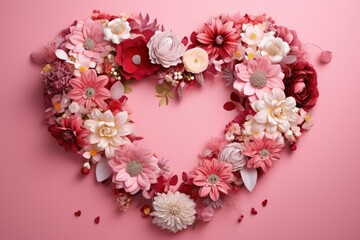 Heart-shaped Floral Arrangement on Pink Background