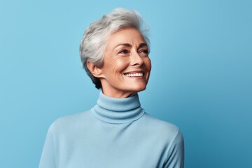 Portrait of a content woman in her 70s wearing a classic turtleneck sweater against a pastel blue background. AI Generation