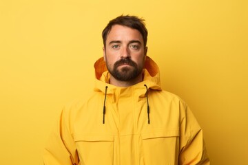 Obraz premium Portrait of a merry man in his 30s wearing a windproof softshell against a pastel yellow background. AI Generation