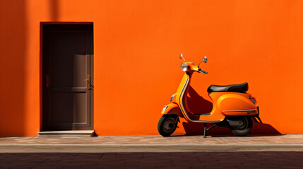 An orange scooter against the background of an urban