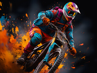 Mountain biking. Silhouette of a cyclist descending at high speed on a colorful abstract background.
