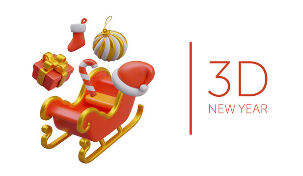 Sweets, gifts, decorative elements in red sleigh of Santa Claus. 3D concept of New Year. Vector composition on white background. Winter holiday. December web design template