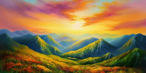 Sunset in the mountains oil on canvas an image