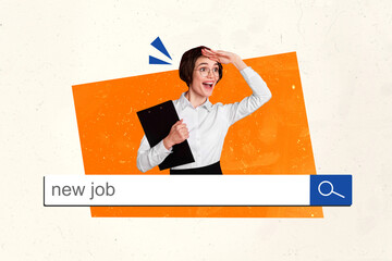 3d retro abstract creative collage of female head forehead search online new work look for job...