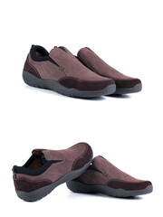 Detail group of brown shoes isolated on white background.