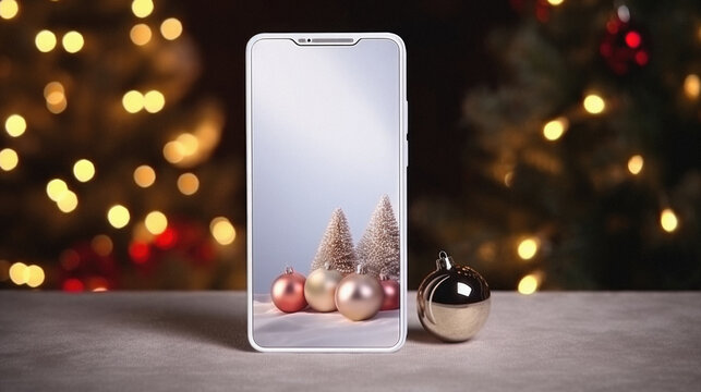 Smartphone with white screen and christmas tree on bokeh background. - Powered by Adobe