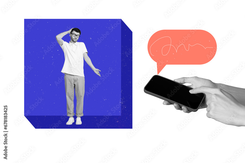 Poster collage poster image of minded puzzled miniature man thinking answer comment sms message corresponde