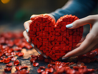 A heart made of red blocks held in women's hands. A declaration of love, made of toy blocks. - obrazy, fototapety, plakaty