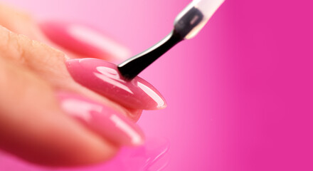 Applying Nail polish, pink shellac UV gel, varnish, nails manicure process concept in beauty salon. Transparent top coat drop on brush. Over pink background. Application of nail polish - obrazy, fototapety, plakaty