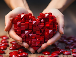 A heart made of red blocks held in women's hands. A declaration of love, made of toy blocks.