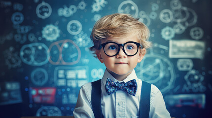School child in eyeglasses portrait on background of blackboard in classroom, charts on a blackboard. Creative concept of developmental classes, math club, mind training for children.  - obrazy, fototapety, plakaty
