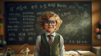 Little School child in eyeglasses portrait on background of blackboard in classroom, charts on a blackboard. Creative concept of developmental classes, math club, mind training for children. 