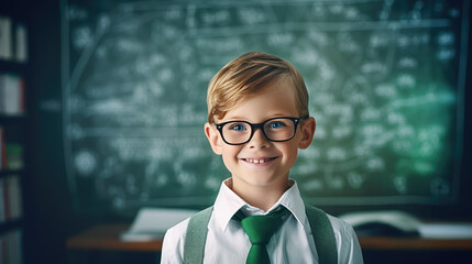 Little School child in eyeglasses portrait on background of blackboard in classroom, charts on a blackboard. Creative concept of developmental classes, math club, mind training for children. 