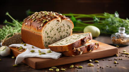 Fototapeta na wymiar Multi grain yeast-free bread with seeds and sprouts in minimal kitchen design. Healthy food, wholesome bread for a nutritious diet.