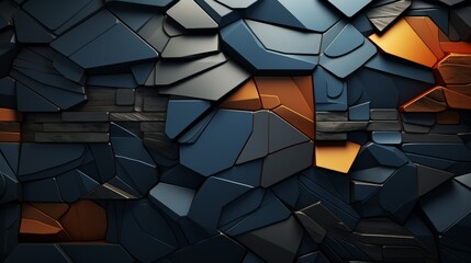 Puzzleartige Textur aus dreidimensionalen metallischen geometrischen Teilen in stahlblau, grau, orange