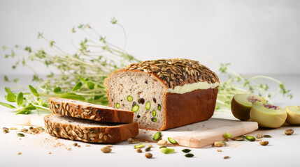 Multi grain yeast-free bread with seeds and sprouts in minimal kitchen design. Healthy food, wholesome bread for a nutritious diet.