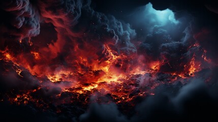 Dramatische Darstellung eines massiven Vulkanausbruchs bei Nacht mit Magma, Lava, Blitzen, Feuer und Wolken
