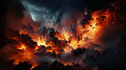 Fototapeta na wymiar Dramatische Darstellung eines massiven Vulkanausbruchs bei Nacht mit Magma, Lava, Blitzen, Feuer und Wolken