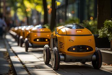 Imagination in photographic style of a delivery robot on the street of a big city