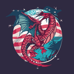 A red dragon with wings and a flag american design vector illustration for use in design and print poster canvas.eps