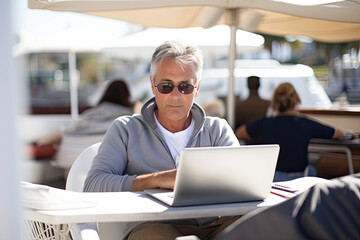 Successful mature businessman confidently working outdoors with laptop.