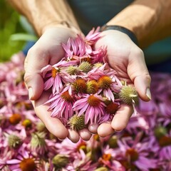 echinacea flowers in hands.