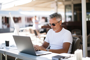 Mature businessman sitting outdoors, confidently working on laptop with cup of coffee.