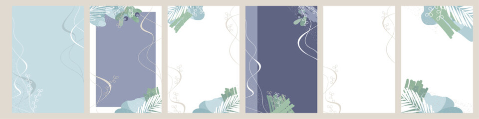 Set of vector abstract backgrounds with leaves and floral elements in pastel colors